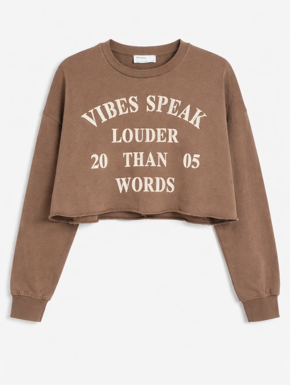 Bershka Cropped Sweatshirt | Brown Streetwear Raw Hem | “Vibes Speak Louder